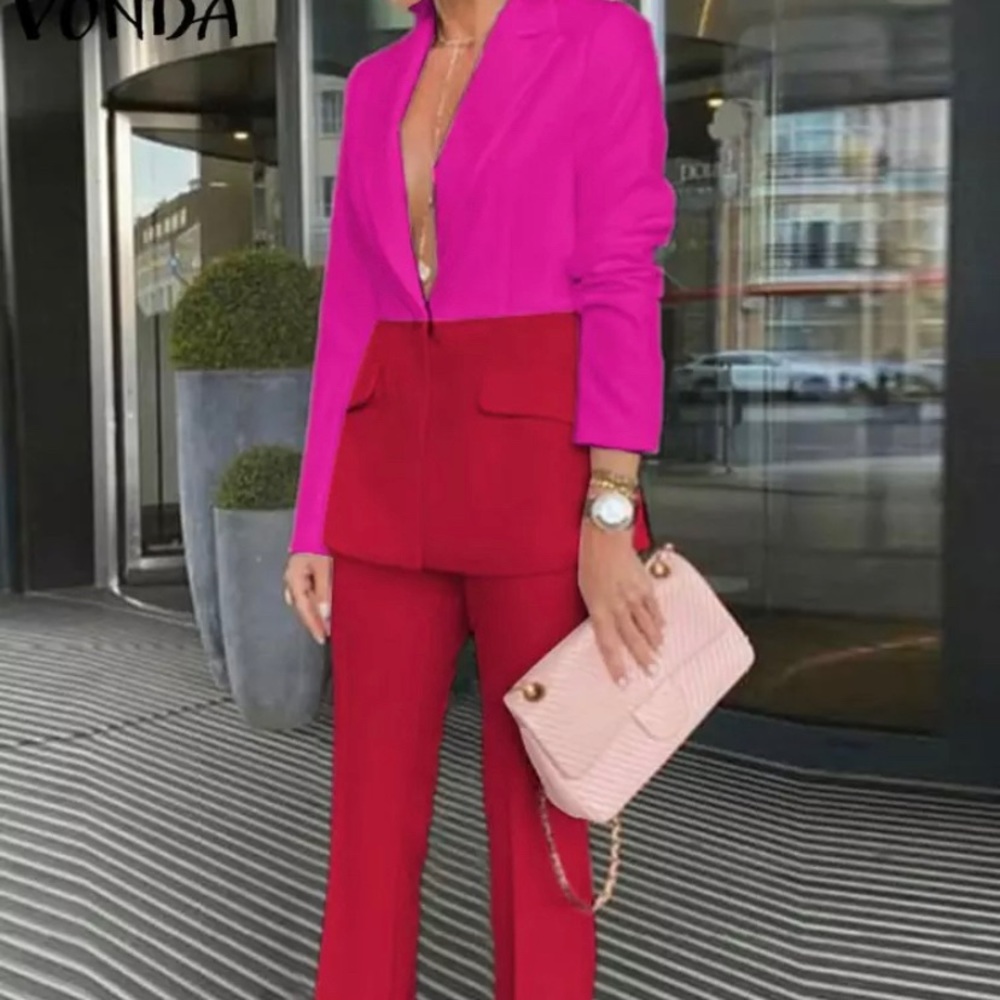 Pink red colorblock blazer and pants. Matching suit